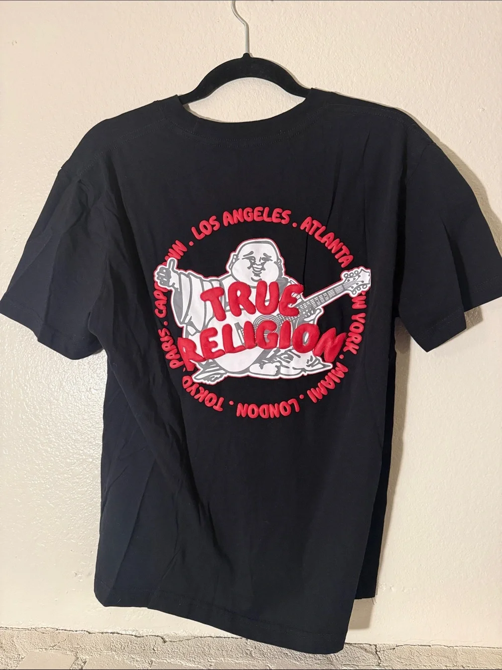 True Religion Black Short-Sleeve Tee with Red Logo Graphic